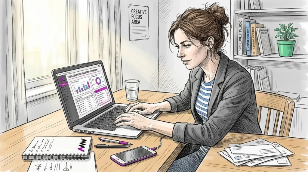 Marketer checking email campaigns in home office