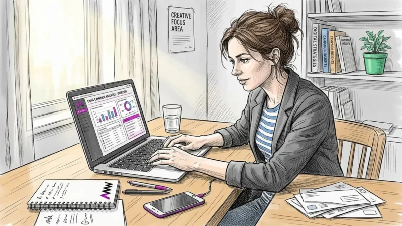 Marketer checking email campaigns in home office