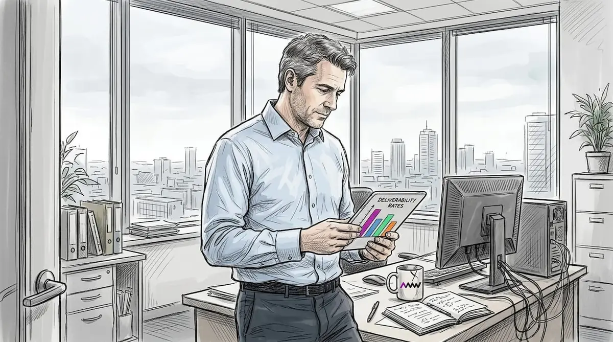 Man studies deliverability in corner office