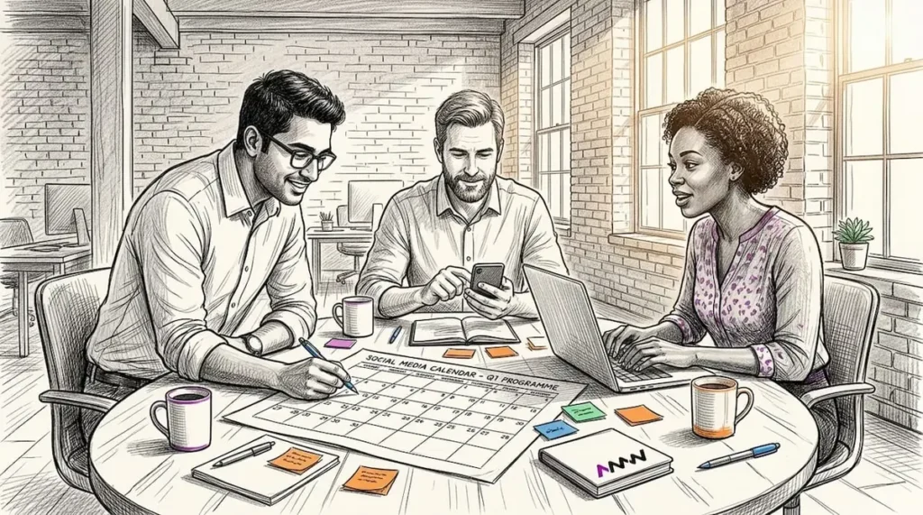 Team working on social media strategy at office table