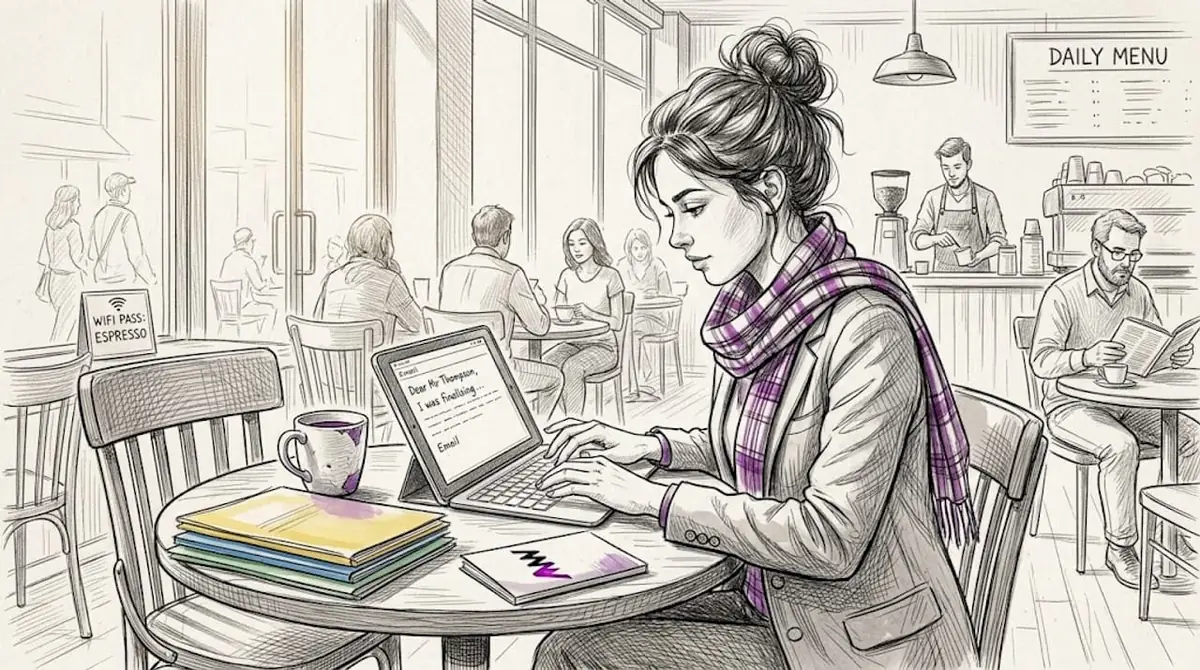 Marketer personalising campaign in café workspace