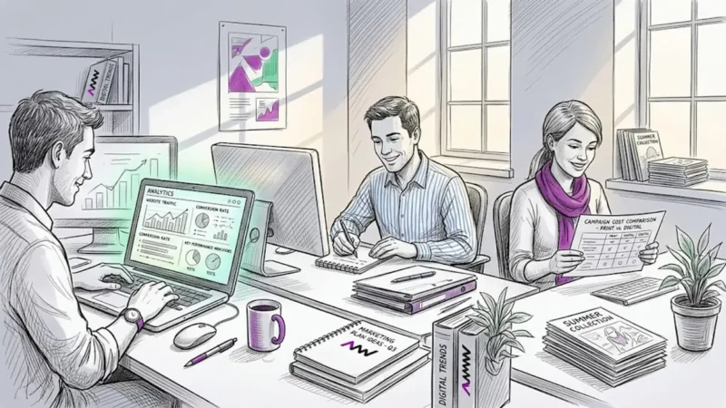 Marketing team collaborating in open workspace