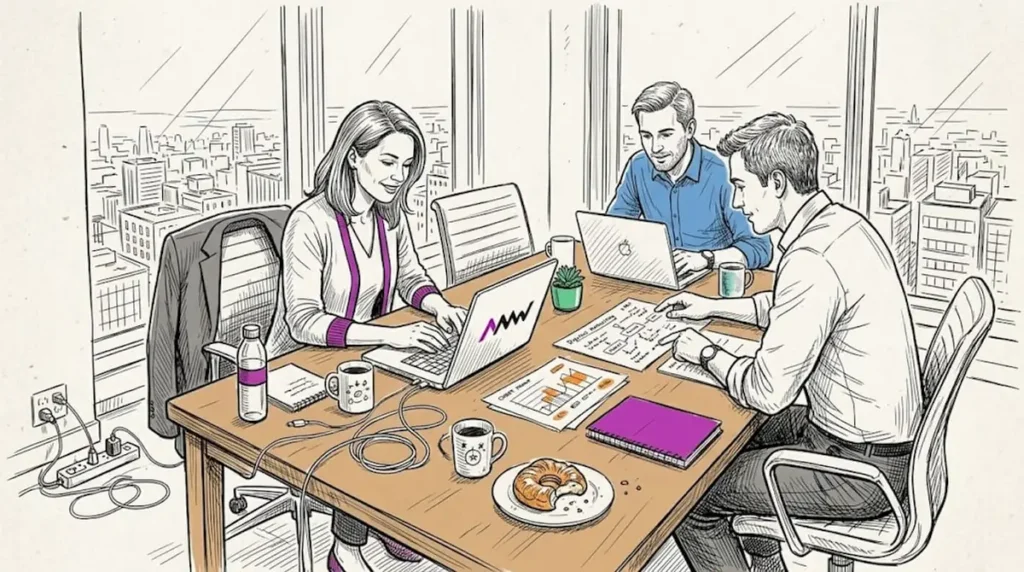 Digital agency team discusses strategy at meeting table