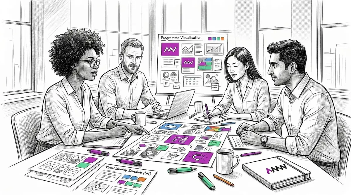 Marketing team meeting with campaign materials