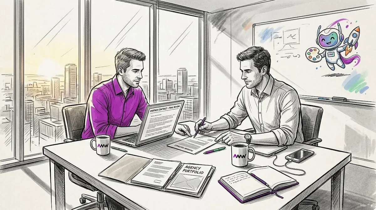 Two agency leaders meeting in sunlit corner office