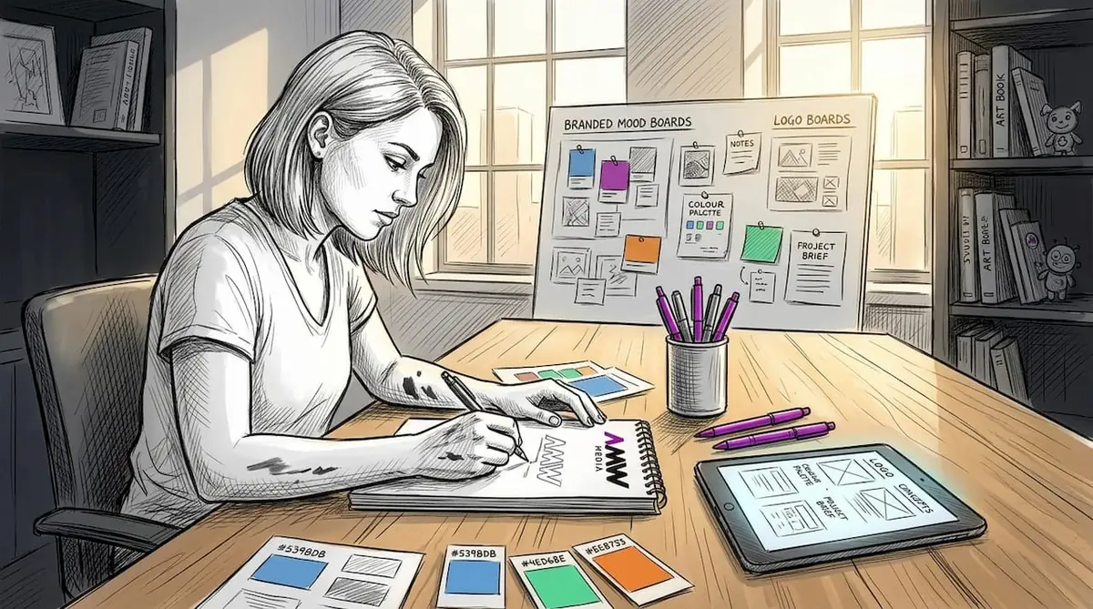 Designer sketching visual branding ideas at studio table