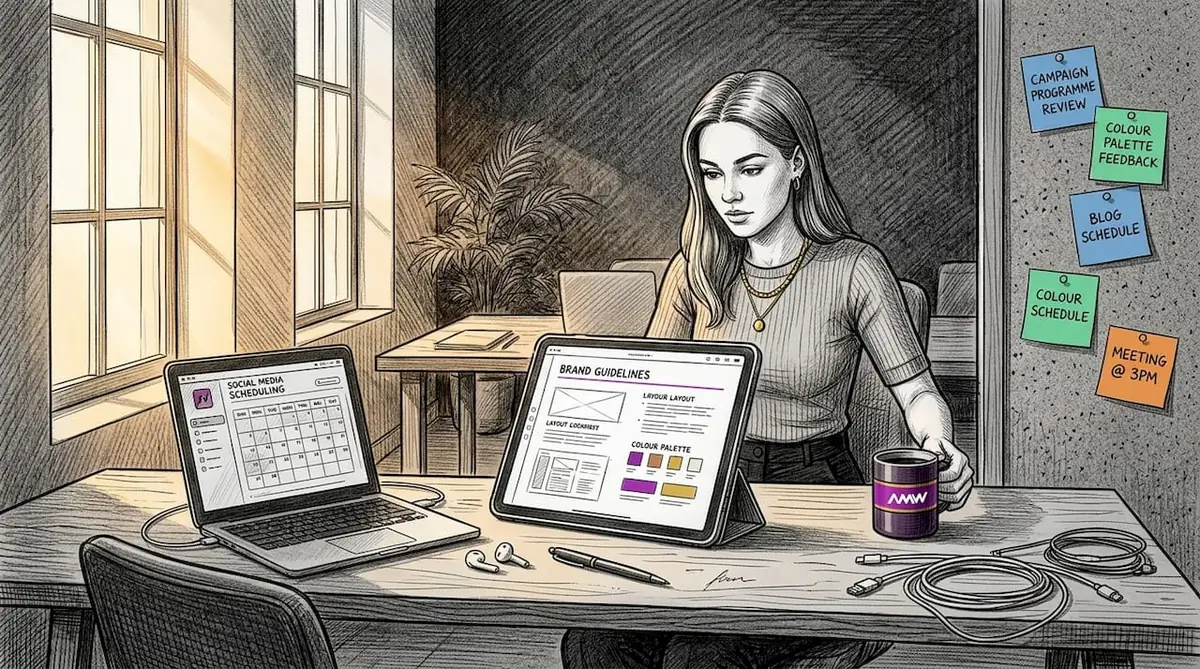 Brand manager checks digital guidelines at workspace