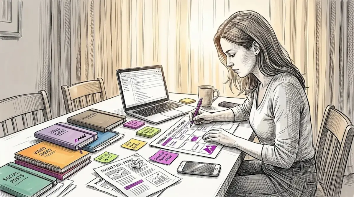Marketing manager planning content at dining table