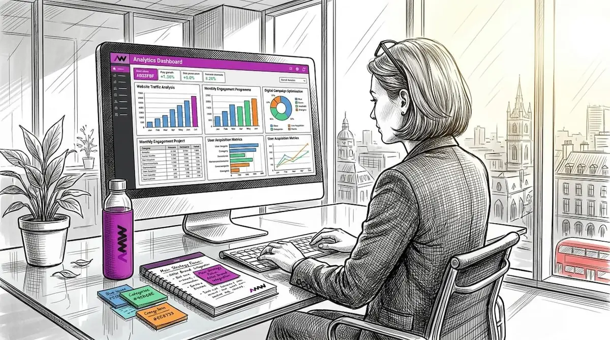Marketer reviewing analytics dashboard at cluttered office desk