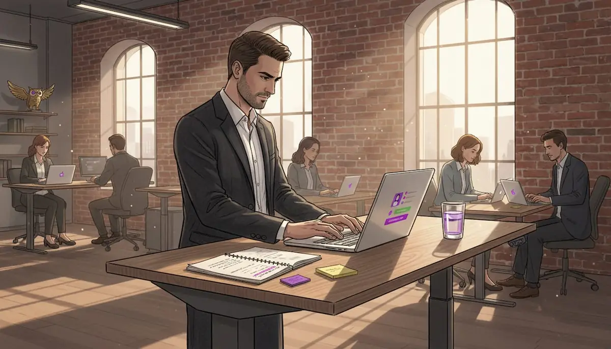 Man sending LinkedIn messages at standing desk in office