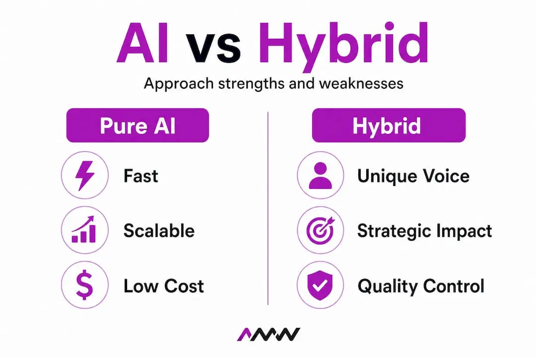 Infographic comparing pure AI and hybrid workflows