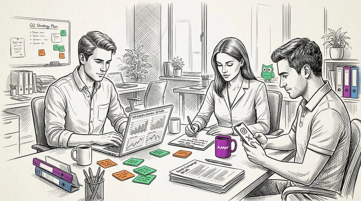Teamwork on digital marketing strategy in office