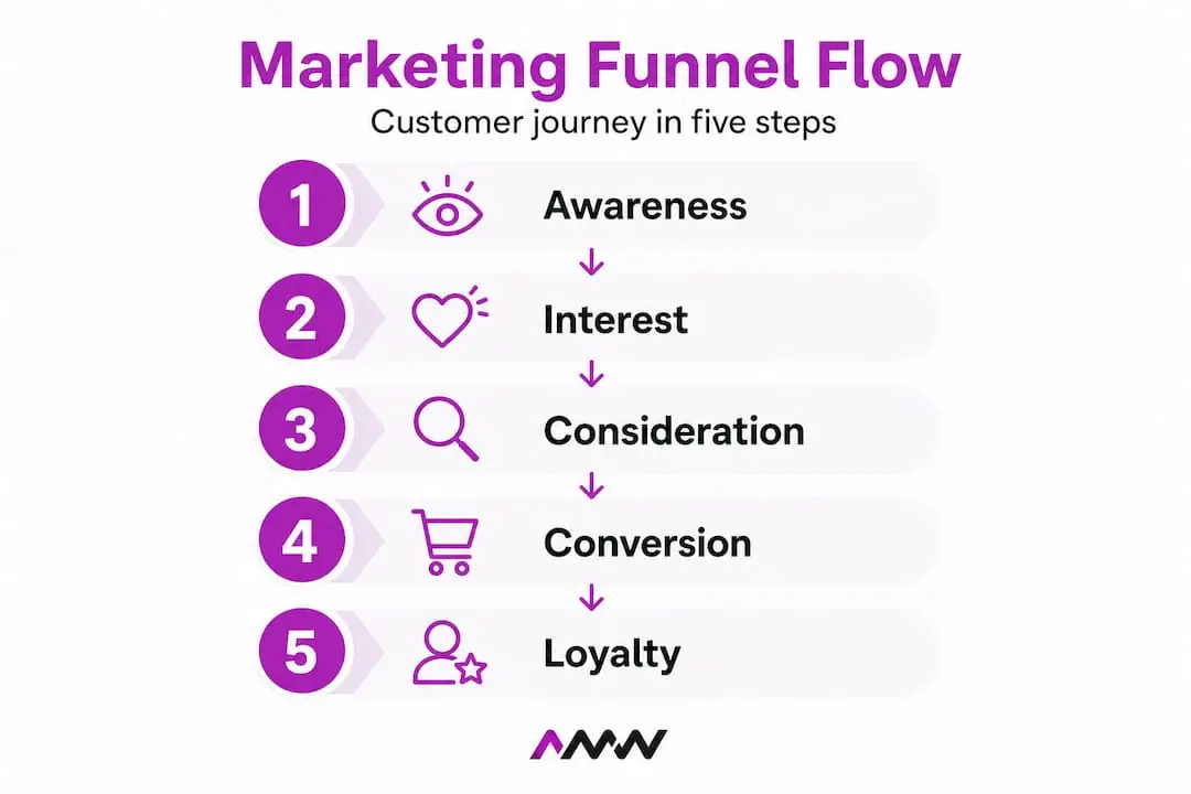 Infographic of five key marketing funnel stages