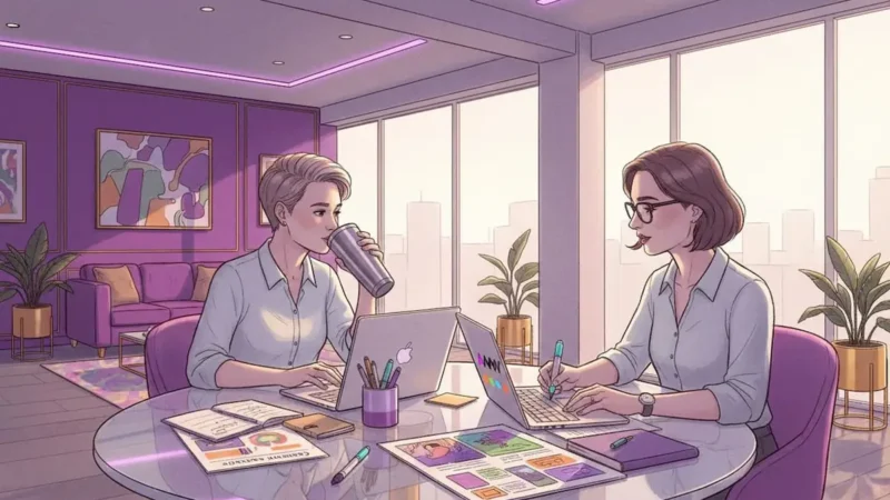 Two marketers working together on laptops in a studio