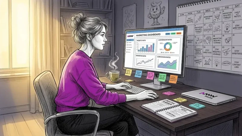 Woman reviewing marketing dashboard at home desk