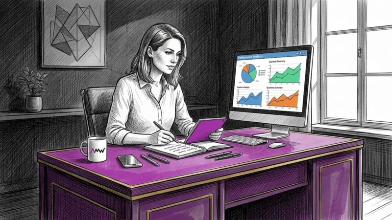Marketer reviewing automation dashboard at desk