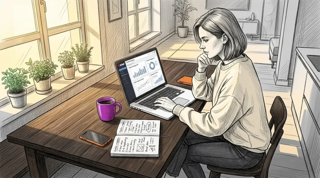 Woman reviewing analytics on laptop at kitchen table