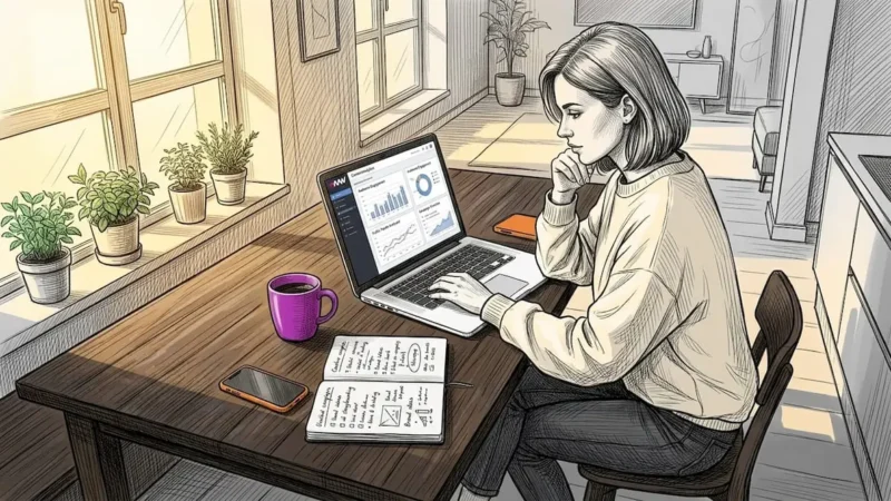 Woman reviewing analytics on laptop at kitchen table