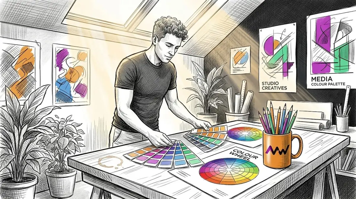 Designer comparing colour swatches at drafting table