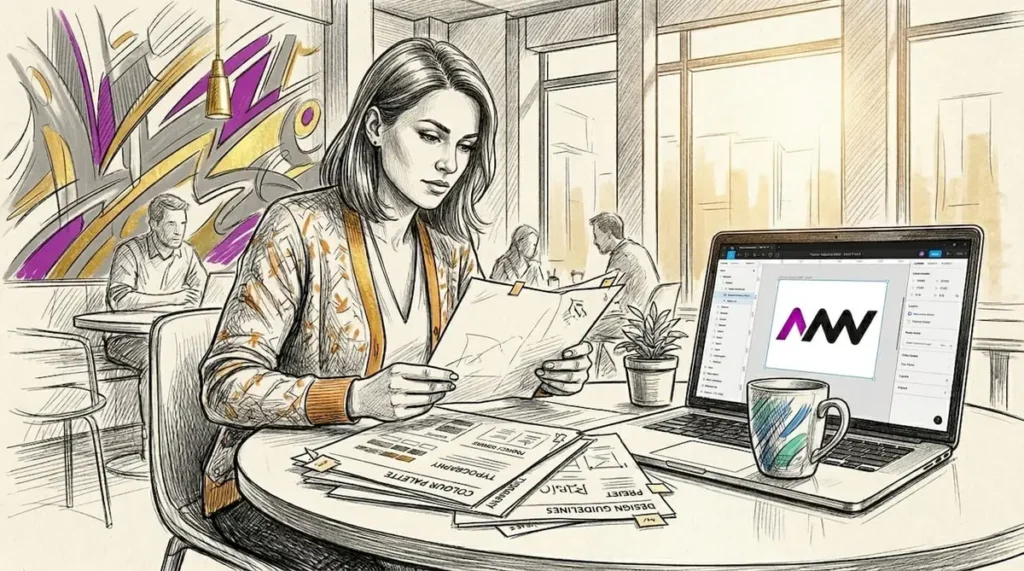 Woman reviewing branding guides in home office