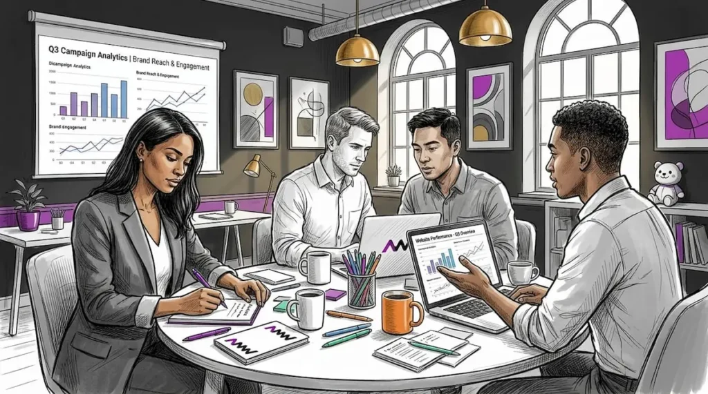 Team collaborating in marketing workspace