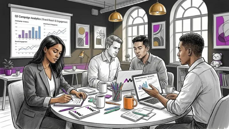 Team collaborating in marketing workspace