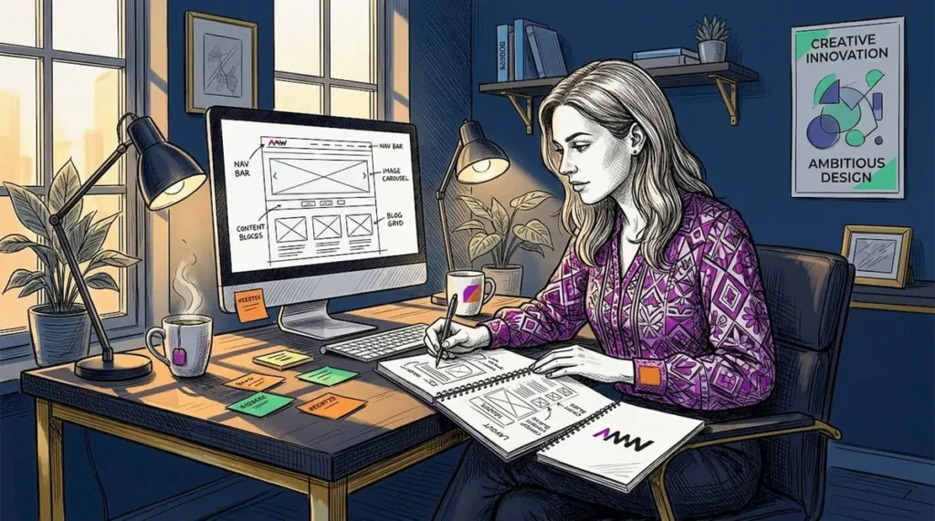 Designer sketching website layout at home desk