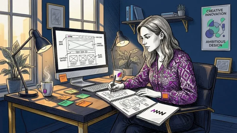Designer sketching website layout at home desk