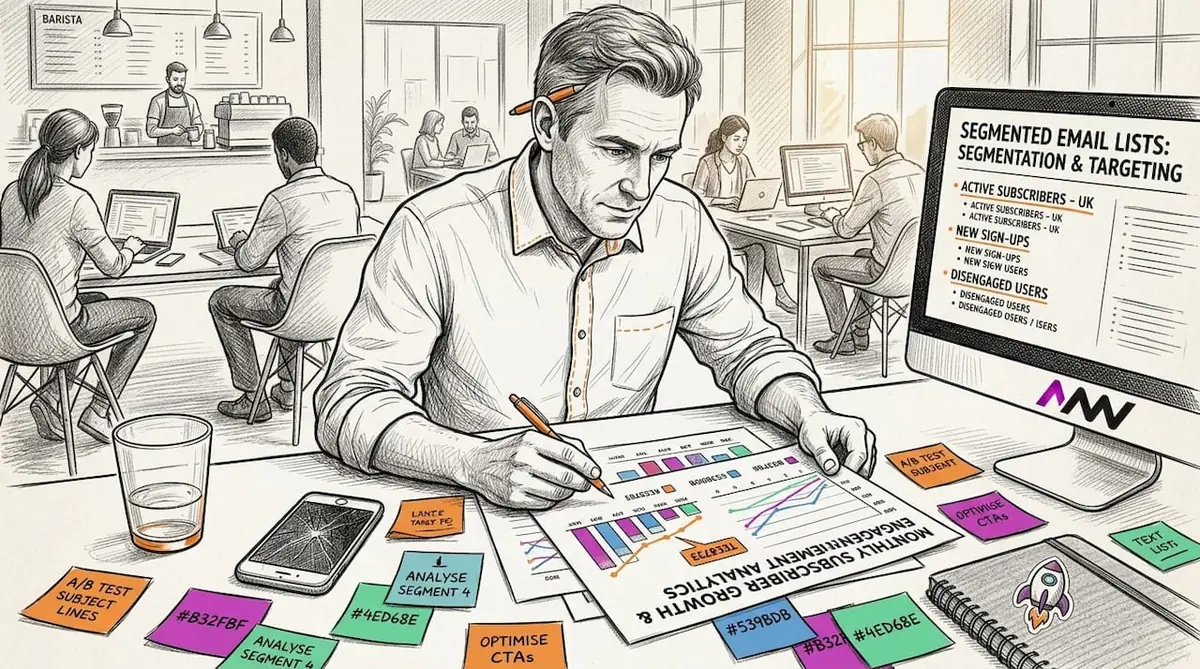 Man sorts email segments in workspace
