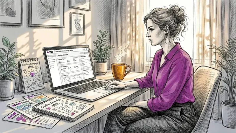 Woman previews email campaign on laptop