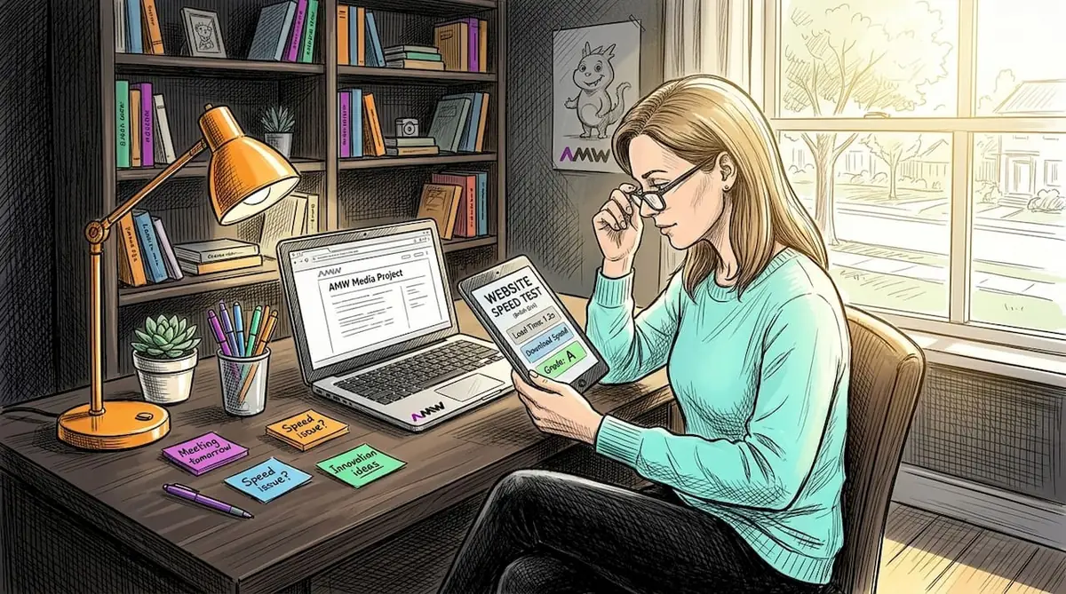 Woman conducting technical SEO audit in kitchen