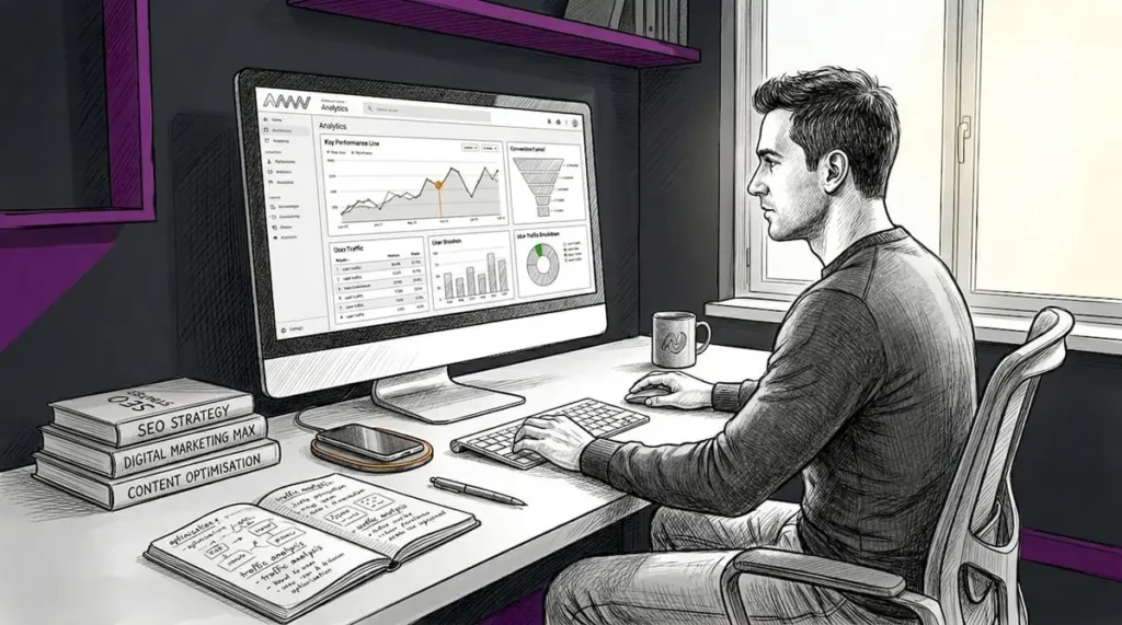 Man analyzing SEO analytics at cluttered desk