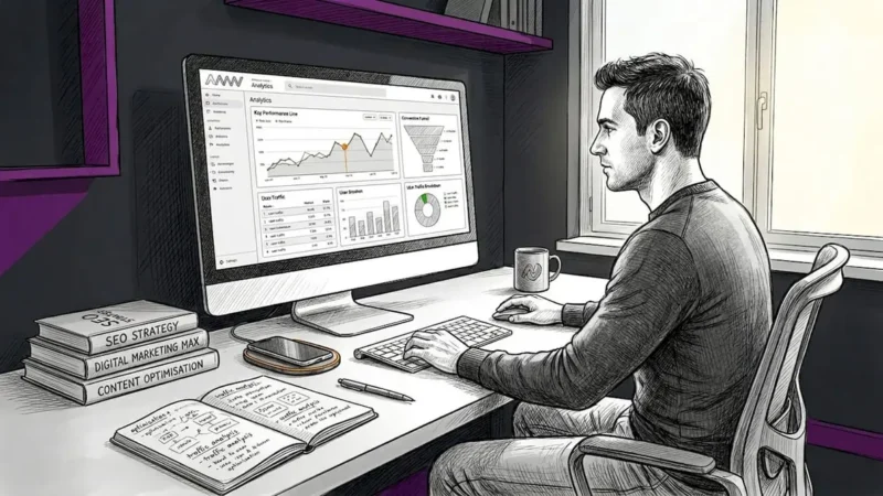 Man analyzing SEO analytics at cluttered desk