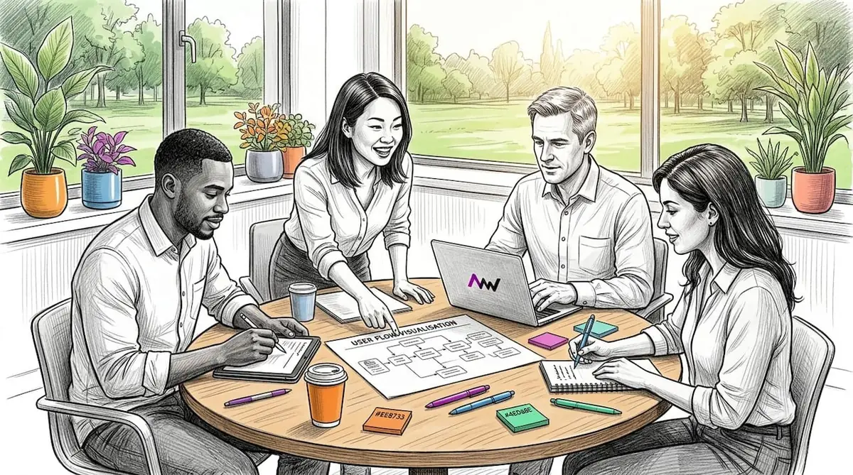 UX team collaborating around a table with tablets