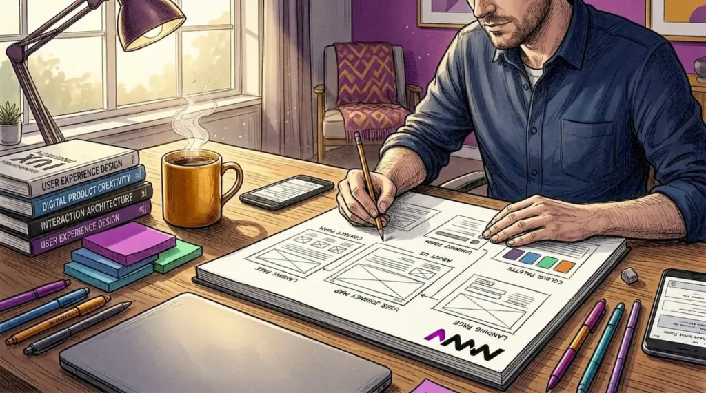 UX designer working on wireframes in home office