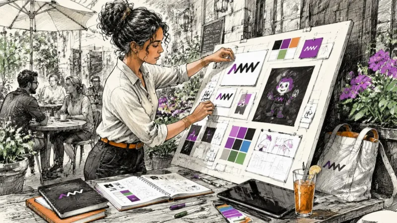 Businesswoman arranging brand identity materials at table