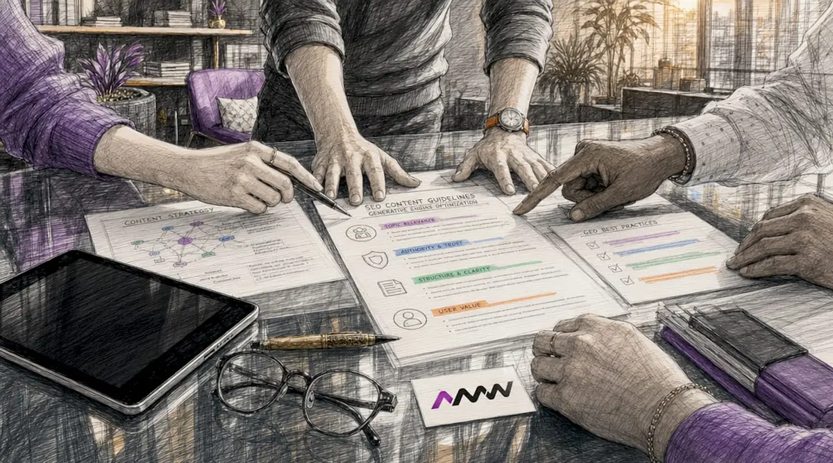 Team collaborating over printed SEO guidelines