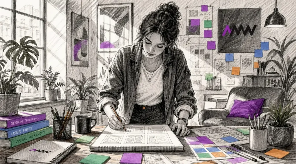UX designer sketching wireframes at home office desk
