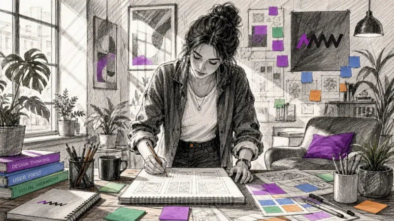 UX designer sketching wireframes at home office desk