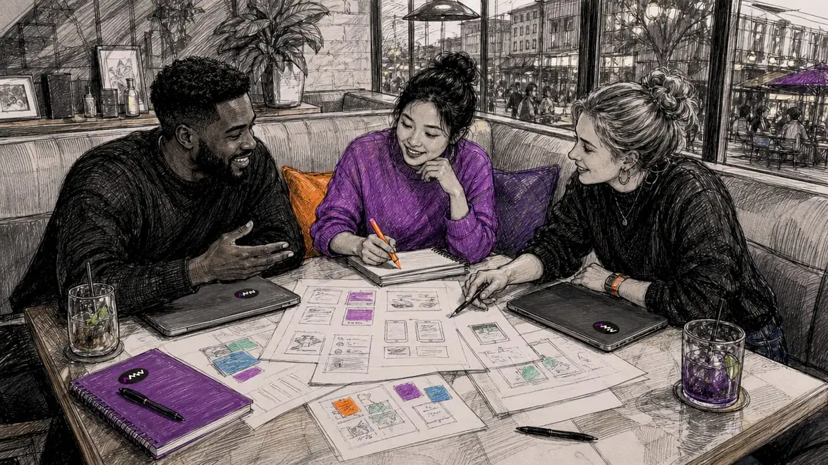 Diverse team collaborating on web design planning