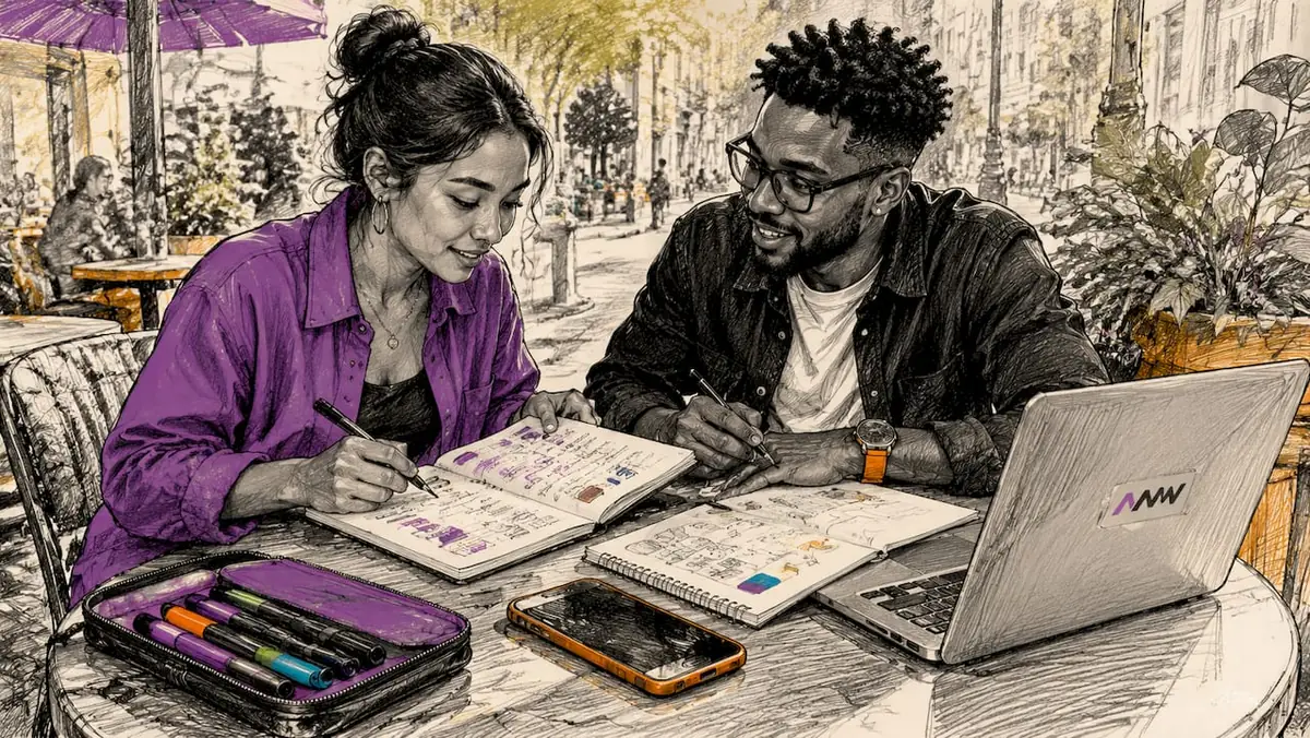 Two content creators discussing social media visuals