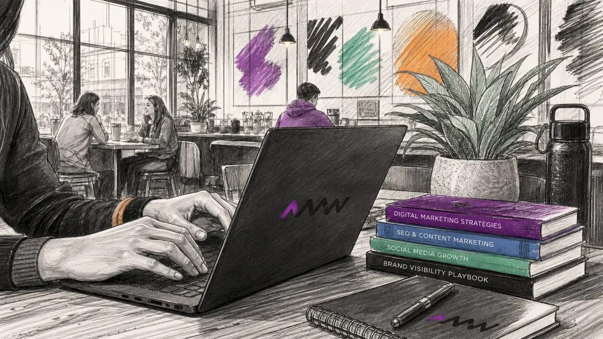 Hands typing brand visibility content on laptop