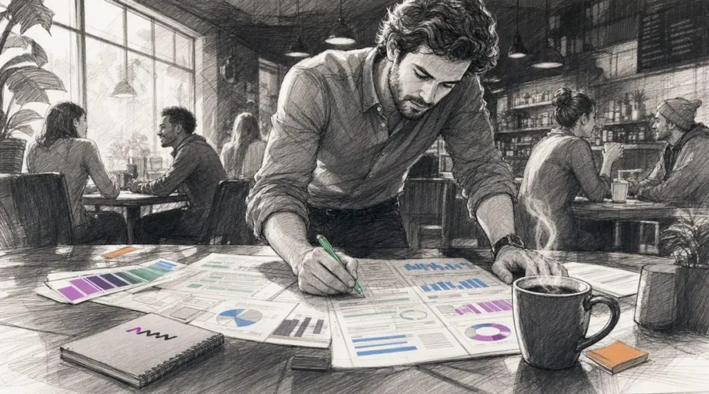 Marketing strategist analyzing brand visibility charts