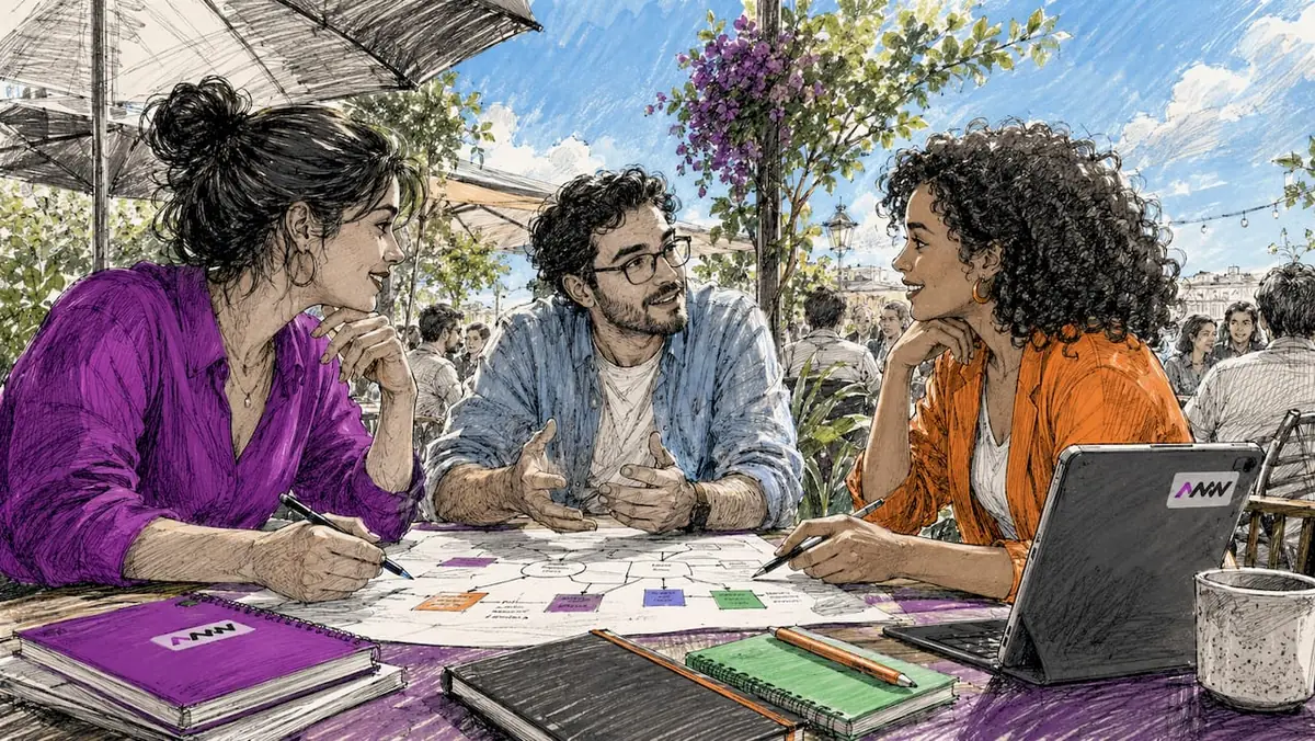 Marketing team collaborating on framework diagram