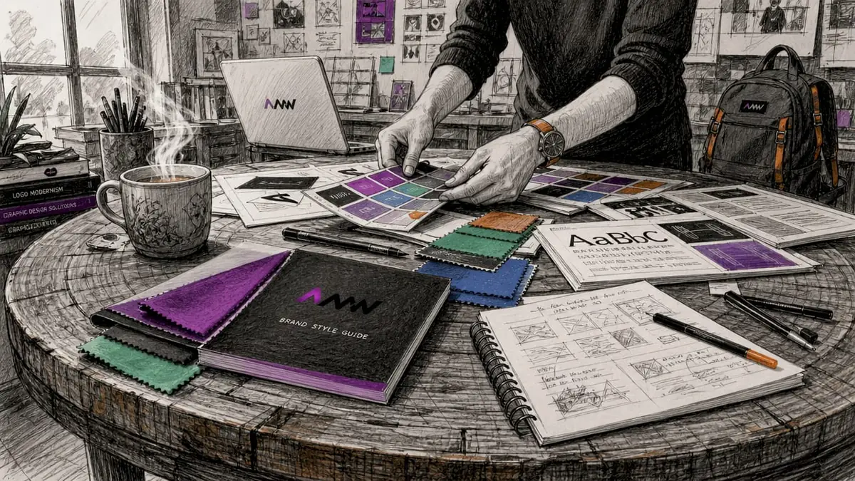Overhead photo of designer’s workspace with branding materials