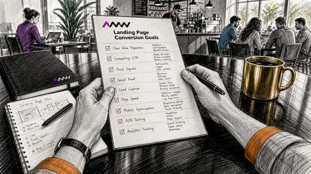 Hands reviewing landing page conversion goals checklist