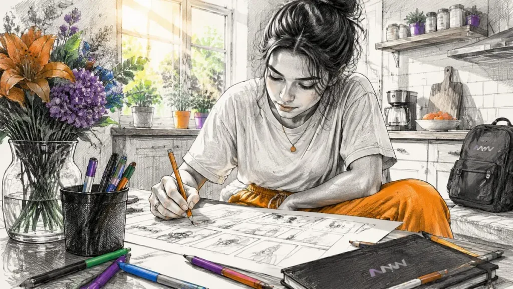 Content creator sketching storyboard at desk