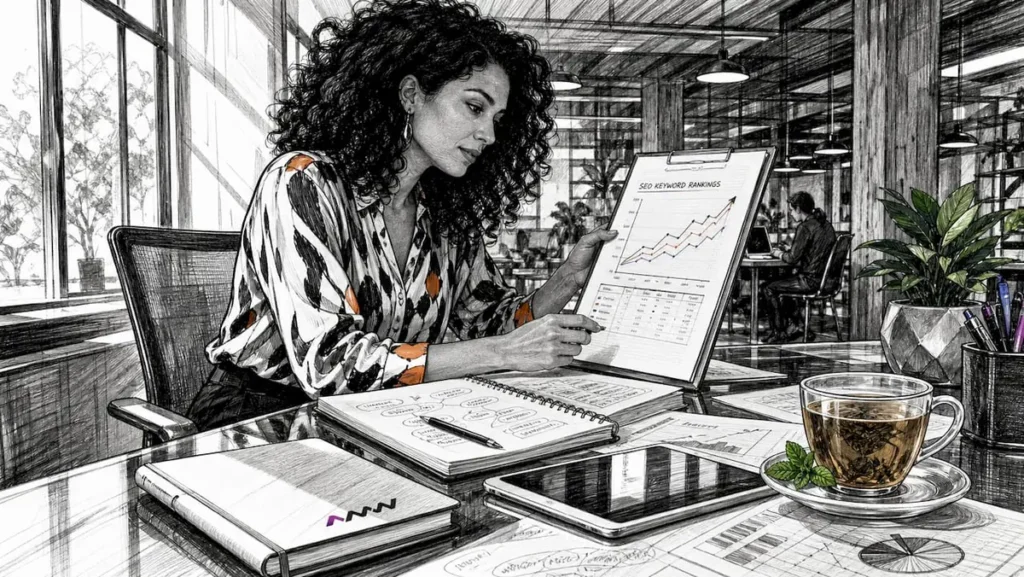 Woman reviewing SEO marketing reports