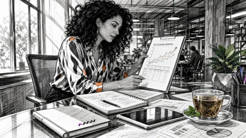 Woman reviewing SEO marketing reports
