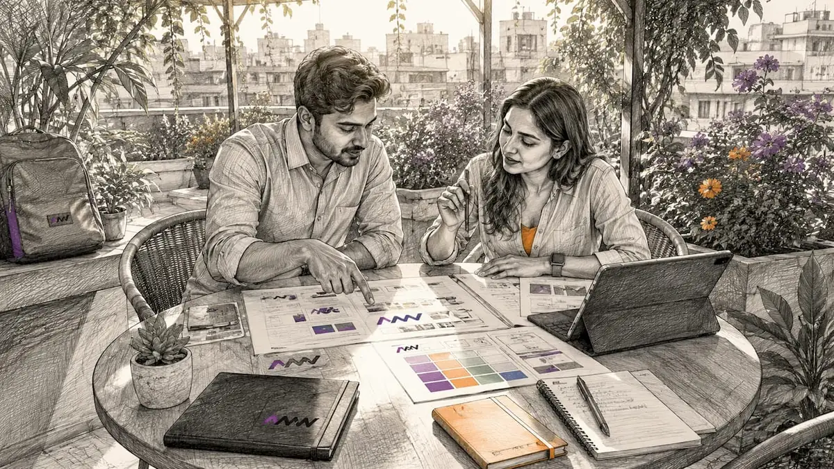 Two marketers reviewing brand design guidelines